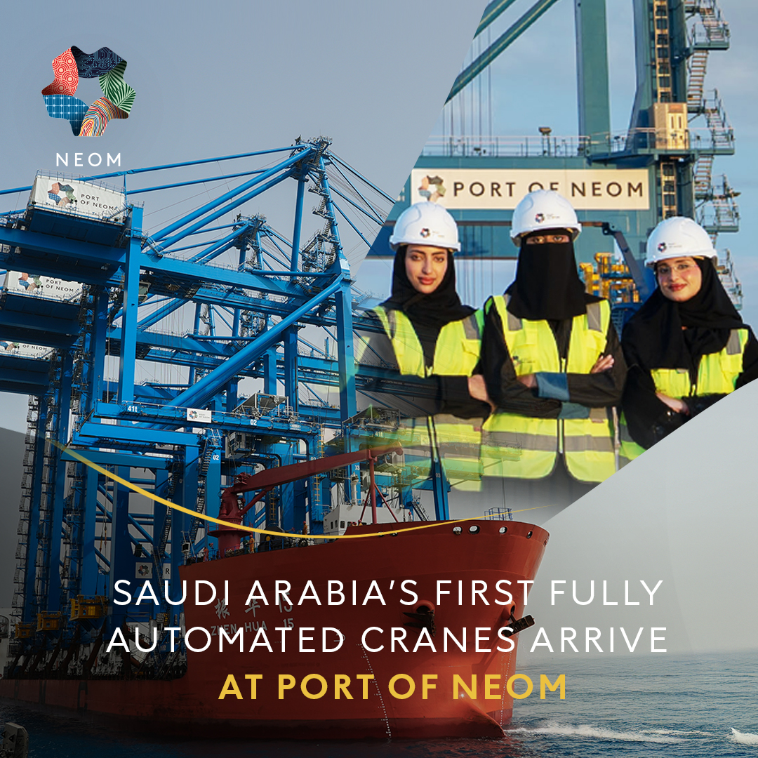 #PortofNEOM marks a major milestone with the arrival of KSA's first fully automated, remote-controlled cranes 🇸🇦 This advancement will drive automation, strengthen Red Sea trade links, empower Saudi talent, and create high-tech jobs. Read more: #NEOM