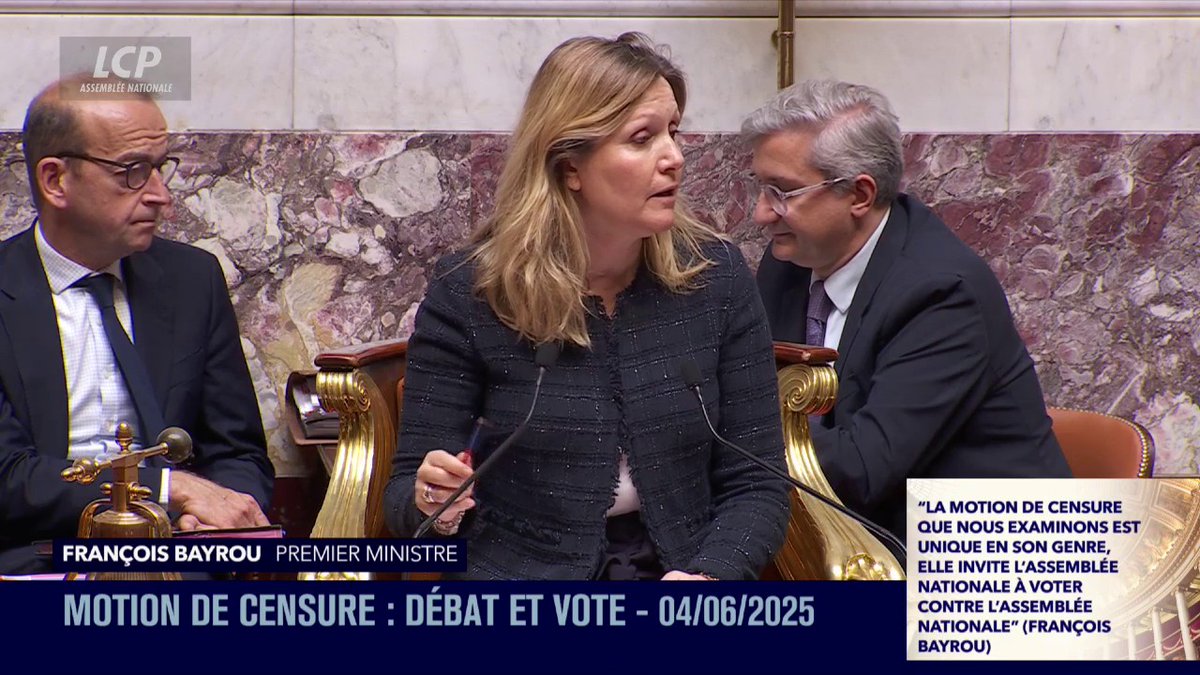 Motion de censure : "Mme la députée, vous n'êtes pas d'accord, vous n'avez pas à hurler dans l'hémicycle. Le Premier ministre a la parole", réagit la présidente Yaël Braun-Pivet, qui rappelle à l'ordre une élue. #DirectAN