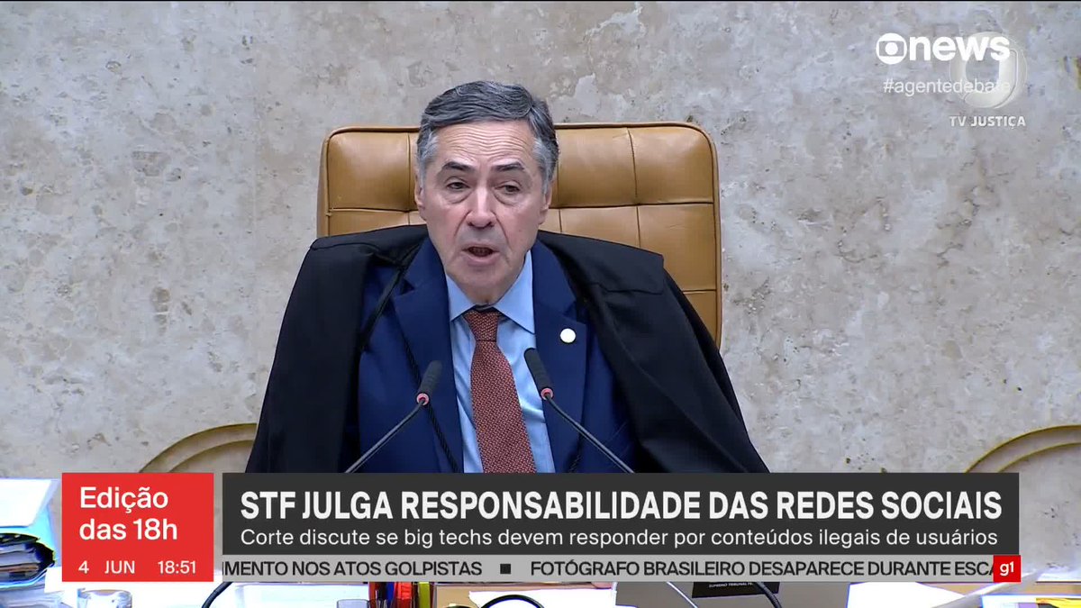 'O Judiciário não está legislando e muito menos regulando em caráter geral, abstrato e definitivo as plataformas digitais', diz ministro Luís Roberto Barroso em julgamento sobre responsabilidade das redes sociais. #Edição18 ➡ Assista à #GloboNews: