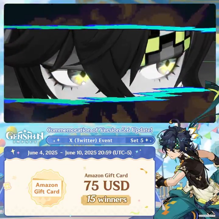 ✨Set 5✨ Commemoration of Version 5.6 Update 🎁Participate in the event for a chance to win a $75 Amazon gift card. How to Participate: ① Follow Genshin Impact ② Retweet this post You can instantly check the event results here>>> #GenshinImpact