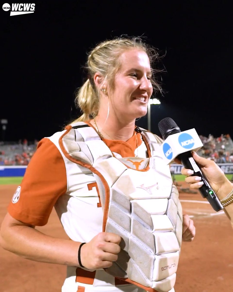 "I knew it took one pitch and I knew I had my confidence." Reese Atwood picked up her first hit of the #WCWS in the biggest of moments to lead Texas Softball to a game one win. She is with Michella Chester after the win.