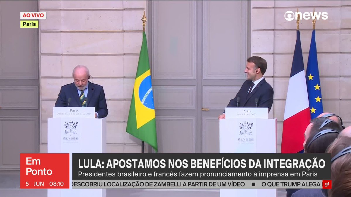 Em Paris, Lula faz pedido público a Emmanuel Macron: "Abra seu coração para o acordo com o Mercosul". #EmPonto ➡ Assista à #GloboNews: