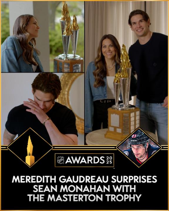 Johnny Gaudreau’s wife, Meredith, surprised Sean Monahan with the Bill Masterton Memorial Trophy. 💙 Watch the #NHLAwards on June 12 at 6p ET on NHLonTNT and Sportsnet before Game 4 of the #StanleyCup Final.
