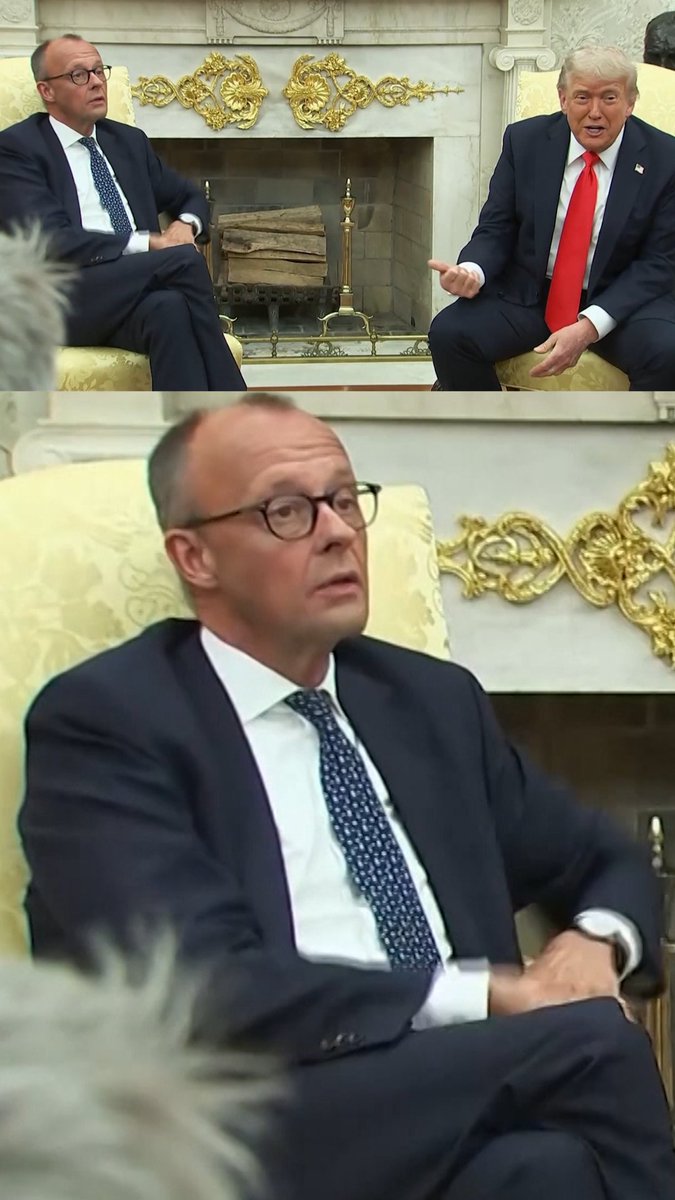 Watch German Chancellor Friedrich Merz’s reaction after President Trump remarks that D-Day 'was not a pleasant day for you.'