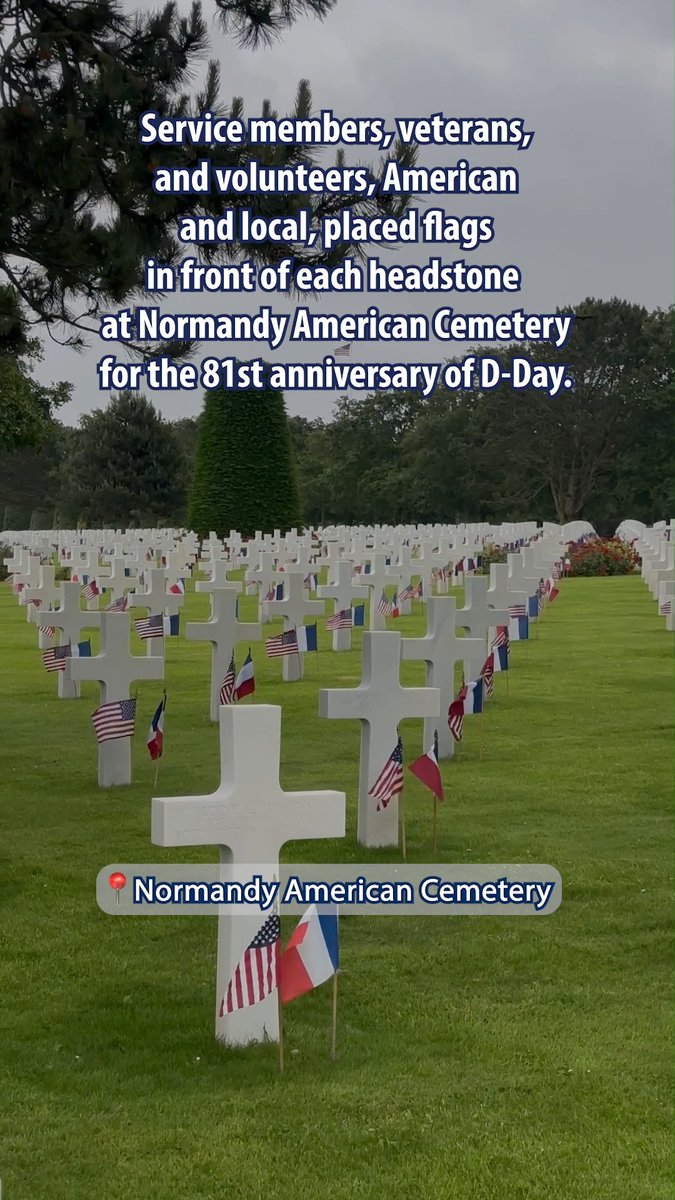 Service members, veterans, and volunteers, American and local, placed flags in front of the more than 9,000 headstones at Normandy American Cemetery in support of the upcoming ceremony to commemorate the 81st anniversary of D-Day. #DDay #DDay81 #WW2 #WorldWar2 #WWII #Normandy #Normandie #CollevilleSurMer #OmahaBeach