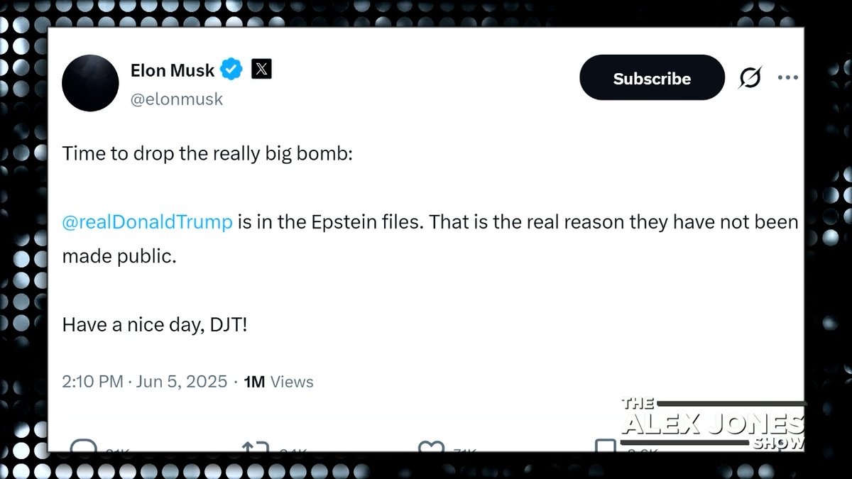 BOMBSHELL UPDATE: Elon Musk Says President Trump Is In The Epstein Files, Adds That Is The “Real Reason” It Hasn’t Been Made Public! "Time to drop the really big bomb: Donald J. Trump is in the Epstein files. That is the real reason they have not been made public. Have a nice day, DJT!"