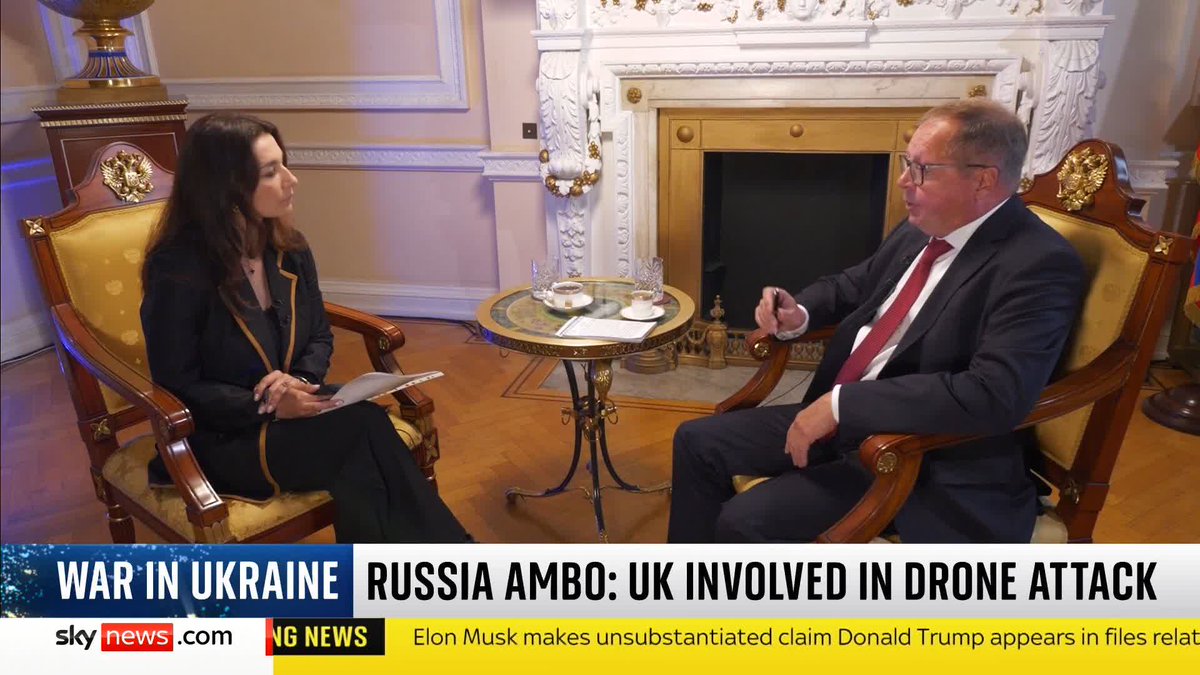 Andrei Kelin, Russian ambassador to the UK, suggests Britain was involved in Ukraine's drone attack on Russia. Speaking to Yalda Hakim, Mr Kelin says Russia knows "how deeply" British forces are involved in working together with Ukraine. Read more:
