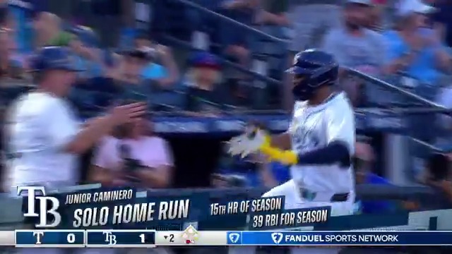 Junior Caminero hits a LOUD home run off the batter's eye 😳 On his own bobblehead night!