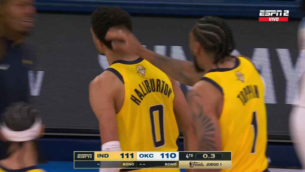 INDIANA SE QUEDÓ CON EL JUEGO 1 DE LOS #NBAFINALS 🏀 Fue 111-110 ante Oklahoma ¿Cómo? Con un doble del señor Tyrese Haliburton sobre el final. El próximo duelo será el domingo. PD: Perdían por 15 a 9:42 del final.