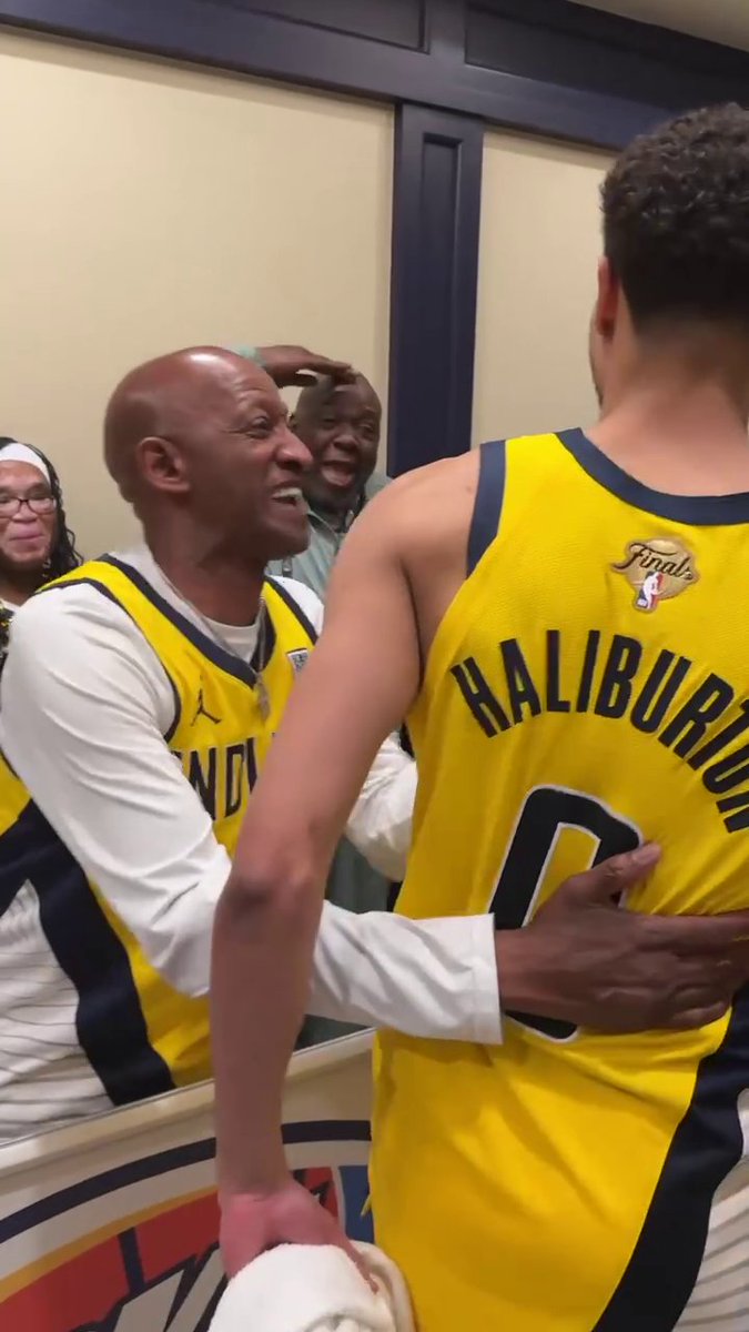 Tyrese Haliburton celebrating with his dad after winning his first NBA Finals game 😂
