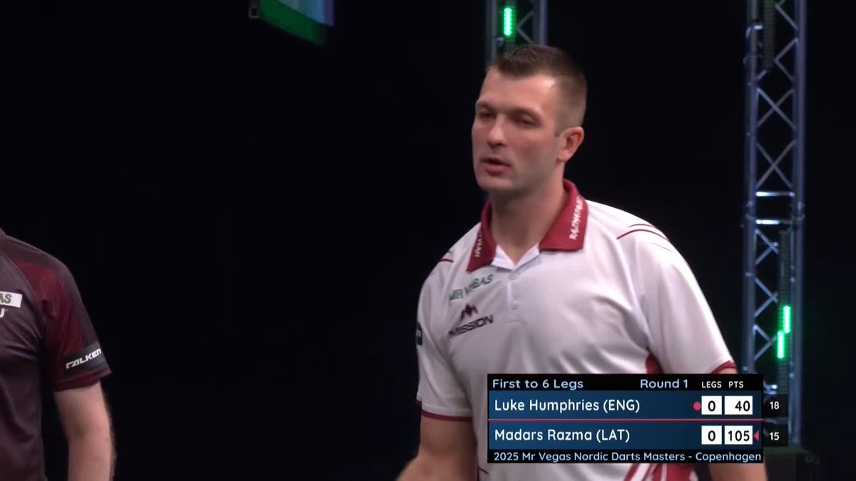 PERFECT START FROM RAZMA! Madars Razma leads the world number one! The Latvian converts a clinical 105 finish on tops to break the Humphries throw in the opening leg! 📺 #NordicDarts25