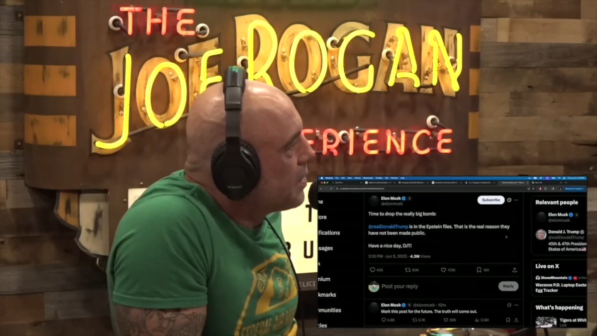 Producer: This is going to come up, because it's been going on since we've been recording... *Shows Elon's Epstein tweet* Trump's FBI Director: I'm not participating in any of that conversation Rogan: How does he know? Does he know that Donald Trump is in the Epstein files? Does he have access to the Epstein Files? Trump's FBI Director: I don't know how he would, but I'm just staying out of the Trump-Elon thing. That's way out of my lane