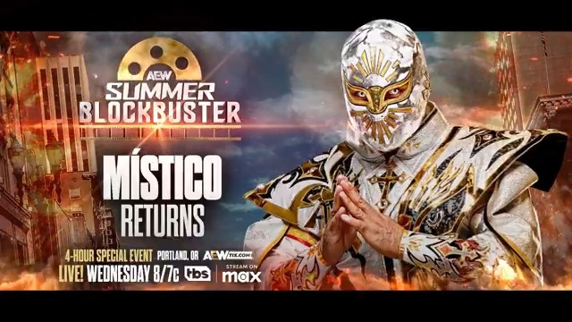 This Wednesday, 6/11 #AEWSummerBlockbuster 4-Hours LIVE, 8/7c on TBS + MAX Místico Returns! The legendary @CaristicoMX will return to AEW next week, and with Maxwell Jacob Friedman™️ keeping a close eye on this match, what will it mean for #AEWGrandSlamMexico? Find out this Wednesday, 6/11!