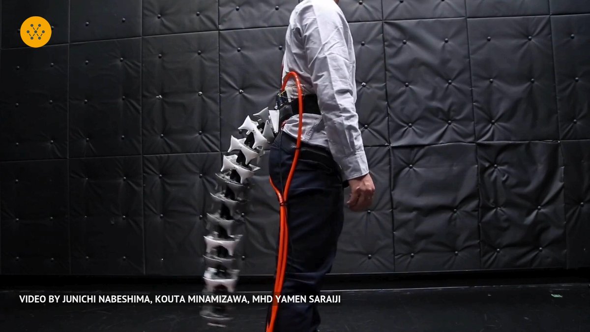 Arque is a robotic tail that mimics animal tails to help humans with balance and movement. Made of jointed segments and powered by pneumatic muscles, it can adjust in length and weight. Potential uses include balance support, physical therapy, and immersive VR feedback. Video Credit: Junichi Nabeshima, Kouta Minamizawa, MHD Yamen Saraiji #engineering #technology #robotics #robots -------------------------------- Stay ahead of the curve! Follow us now on our WhatsApp ( and Telegram ( channels and stay updated about the cutting edge.
