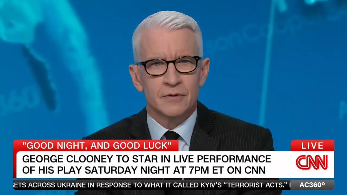 Here's more of Anderson's conversation with George Clooney on the set of his Broadway play “Good Night, and Good Luck.” Watch a special live presentation of the Tony-nominated play tonight at 7pm ET on CNN, and streaming on
