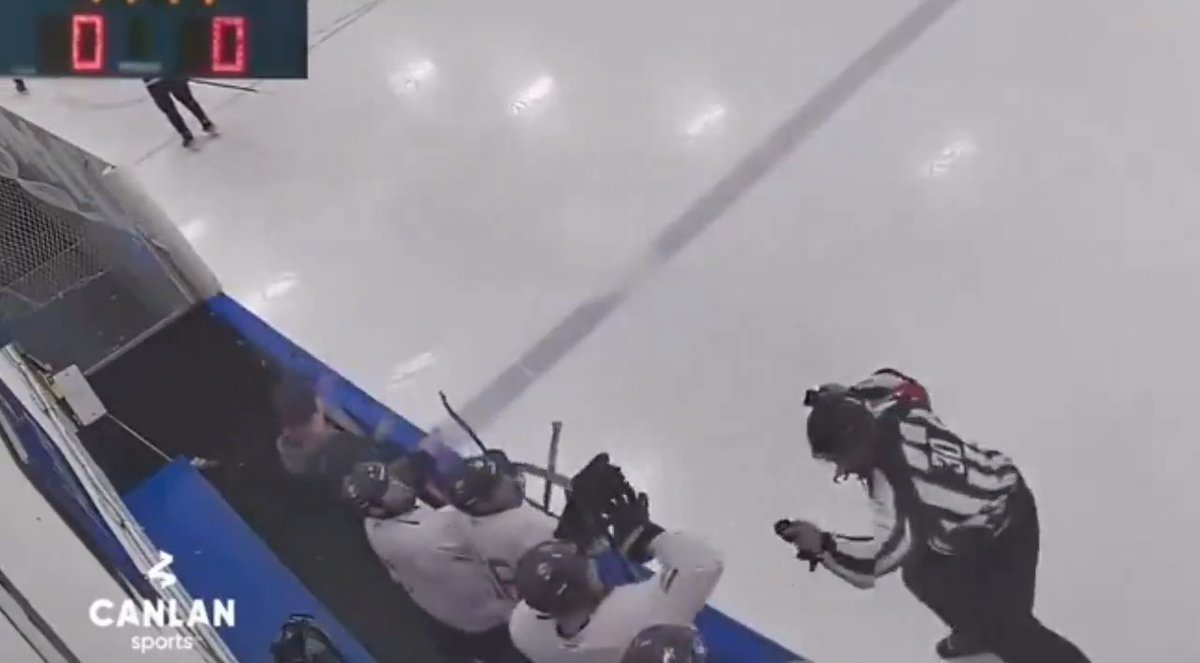 The refs celebrating with the Panthers Bench after Marchant wins it for them all in OT. Best of 5 now.