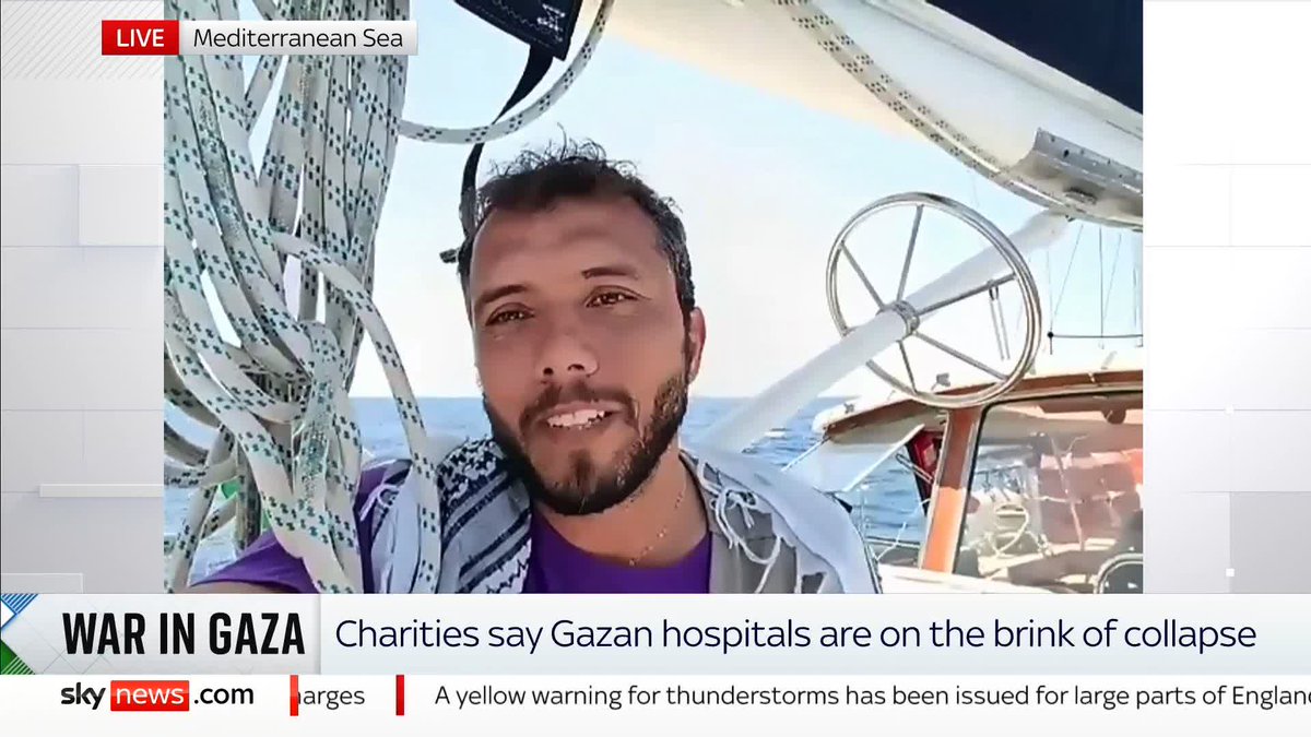 "We're on our way to break the siege and create a people's humanitarian corridor." Sky News speaks to activist Thiago Avila who is onboard a ship, alongside Greta Thunberg, carrying aid to Gaza 📺 Sky 501