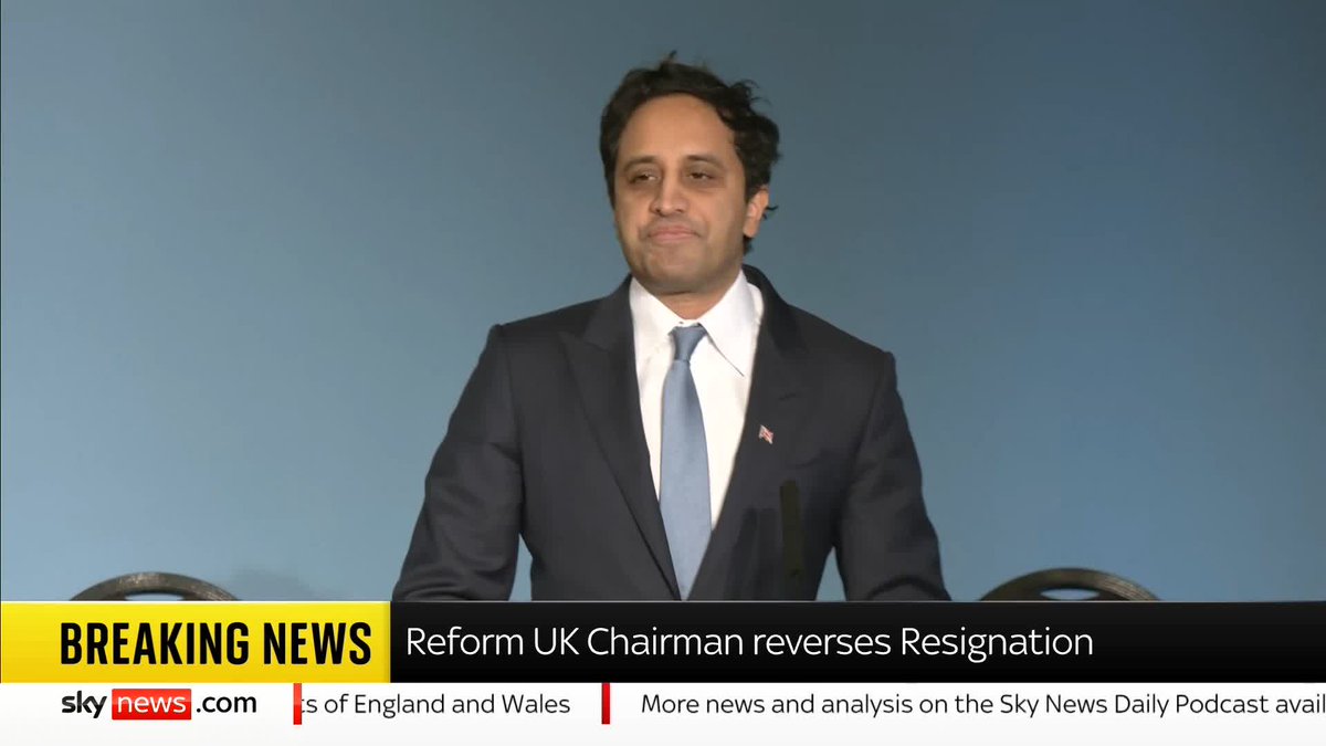 BREAKING: Zia Yusuf, who resigned as Reform UK Chairman earlier this week, has announced that he will return to the party and focus on a new role. 🔗 📺 Sky 501, Virgin 602, Freeview 233 and YouTube