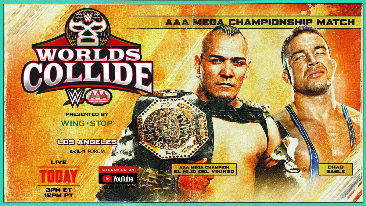 .Hijo del Vikingo defends the Lucha Libre AAA Worldwide Mega Championship against Chad Gable at #WorldsCollide, streaming live on YouTube at 3 ET/12 PT in English and Spanish. ▶️