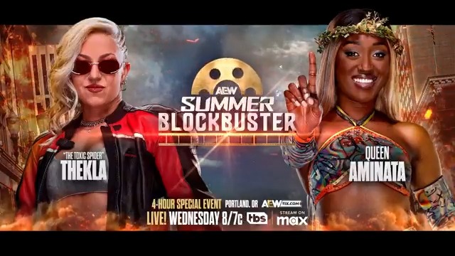 This Wednesday, 6/11 #AEWSummerBlockbuster 4-Hours LIVE, 8/7c on TBS + MAX @Toxic_Thekla vs Queen Queen Aminata クィーンアミナタ When Thekla continued to punish Lady Frost after her #AEWFyterFest debut win, Queen Aminata chased away The Toxic Spider! They’ll settle the score, THIS WEDNESDAY!