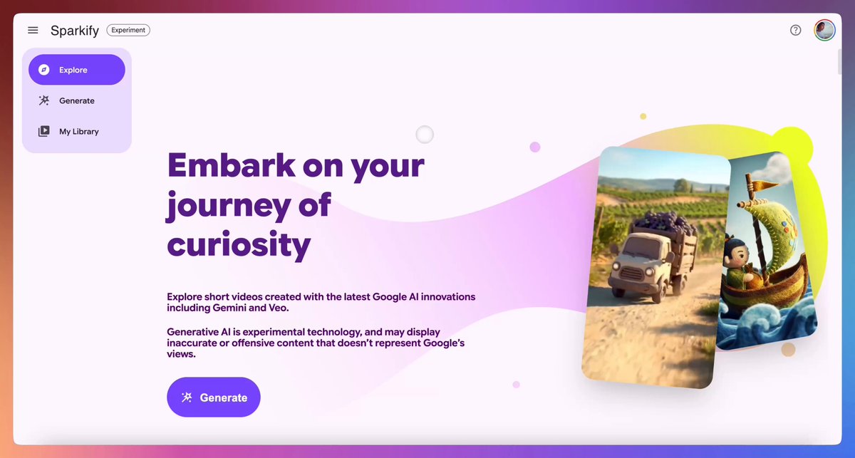 BREAKING 🚨: An early look at Sparkify, a waitlist-gated experiment on Google Labs. Sparkify uses a combination of Veo 3 and Gemini models to create stunning 2-minute-long informational videos on a chosen topic.