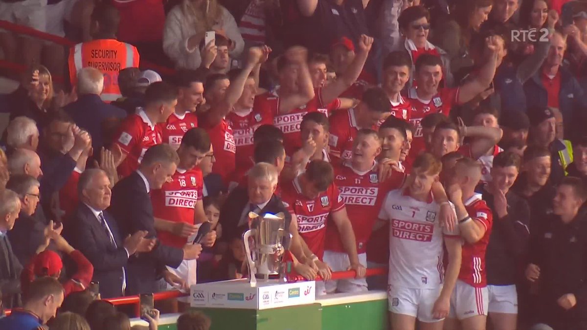 Rob Downey lifts the Mick Mackey Cup as Cork win the Munster Hurling Championship, beating Limerick at the Gaelic Grounds. #rtegaa
