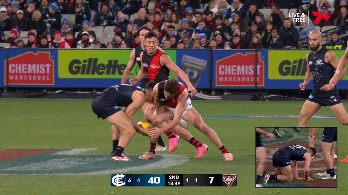 A free kick was paid against Sam Durham for this bump on Adam Cerra. #AFLBluesDons