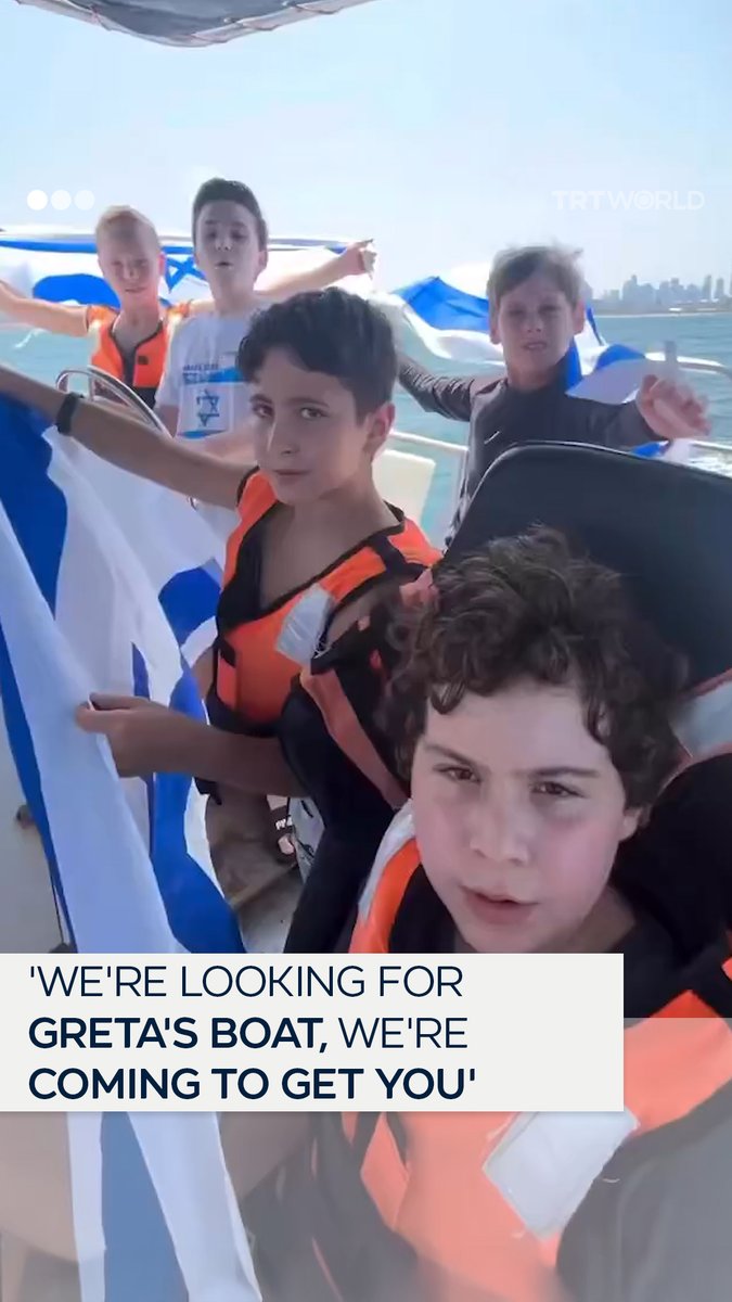"I invite you to meet me, and I will show you what the children of Israel are going through." Former Israeli government spokesperson Eylon Levy shared a video on X showing a group of Israeli children placed on a boat, reportedly off to “get Greta”, referring to climate activist Greta Thunberg, who is aboard the Freedom Flotilla to deliver aid to Gaza. Israel appears to cultivate a narrative among its children that frames itself as defenders in its genocidal war on Gaza, while casting anyone who disagrees as standing on the “wrong side of history”