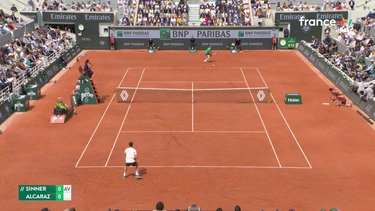 #RolandGarros | 💪 Ils donnent le ton ! 🎾 Sinner sauve trois balles de break et remporte le premier jeu au bout de 12 minutes ! 📺 Le direct de la finale :