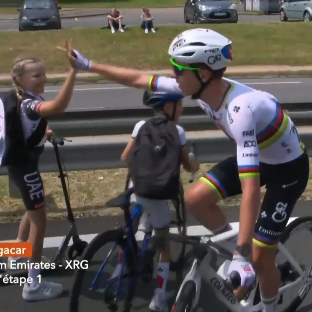Tadej Pogacar sharing a moment with young fans right after winning Stage 1 at the Criterium du Dauphine. ❤️ #Dauphine