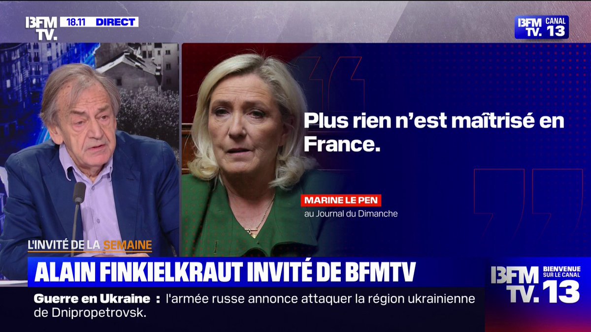 Pour Alain Finkielkraut, auteur et philosophe, "Marine Le Pen est affolée par la popularité" du ministre de l'Intérieur, Bruno Retailleau