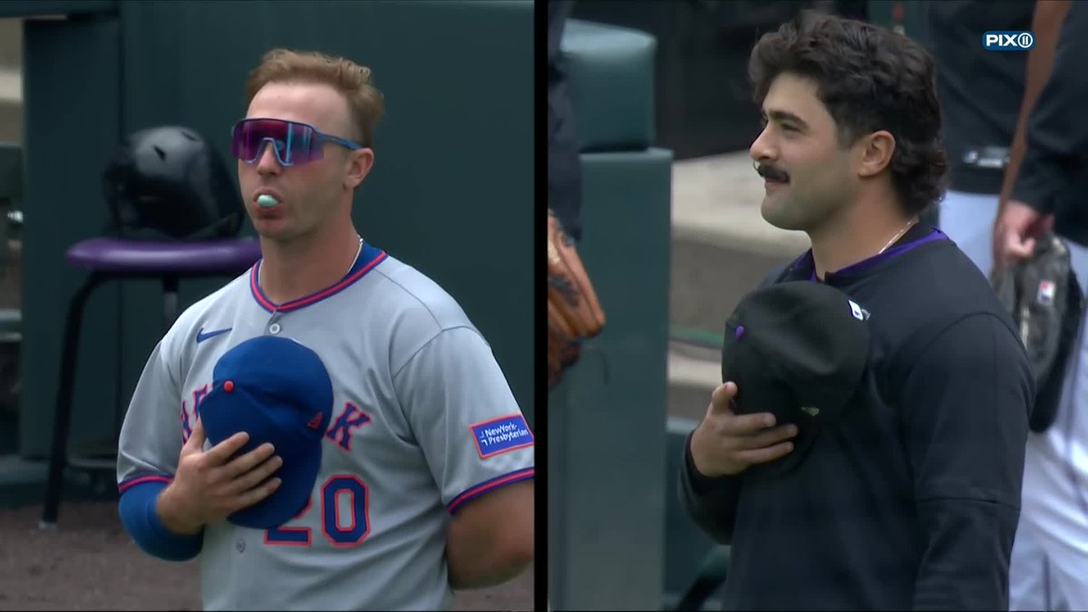 Pete Alonso celebrated with his signature kick after winning the post-national anthem standoff with the Rockies' Zach Agnos 😂