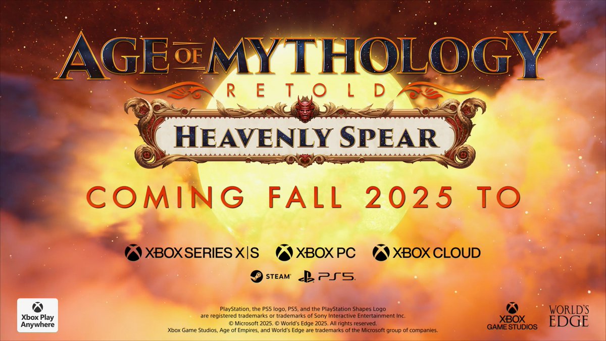 Coming Fall 2025: Unleash the all-new Japanese Pantheon in next chapter of #AgeofMythologyRetold - Heavenly Spear! Fight through a 12-mission campaign across mythic landscapes as you command new heroes, 12 new gods, mythical yokai, and more. Will you triumph against Kagemasa to restore balance to the world? 📜