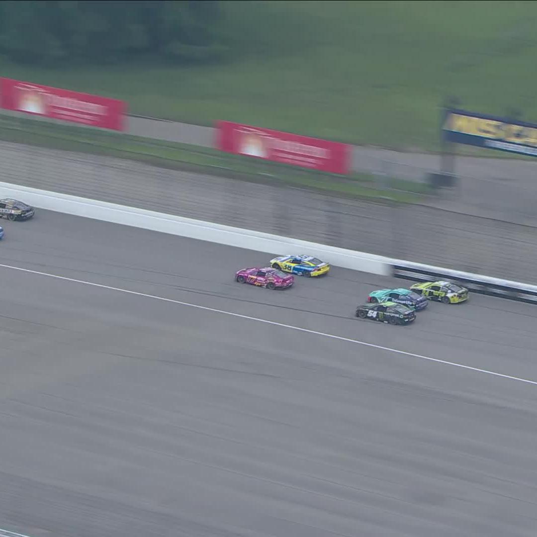 .Carson Hocevar powers past Kyle Larson for the lead!