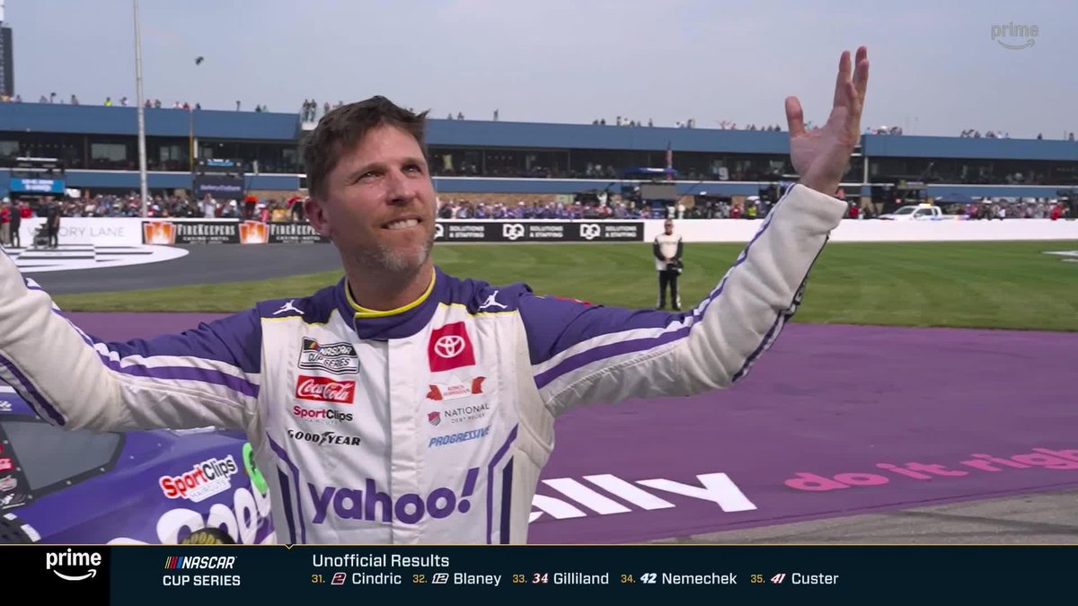 "I beat your favorite driver." Denny Hamlin has fun with the crowd after his win in Michigan 👀 #NASCARonPrime