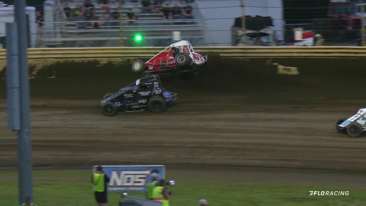Trouble for leader Robert Ballou on the restart at Kokomo Speedway!