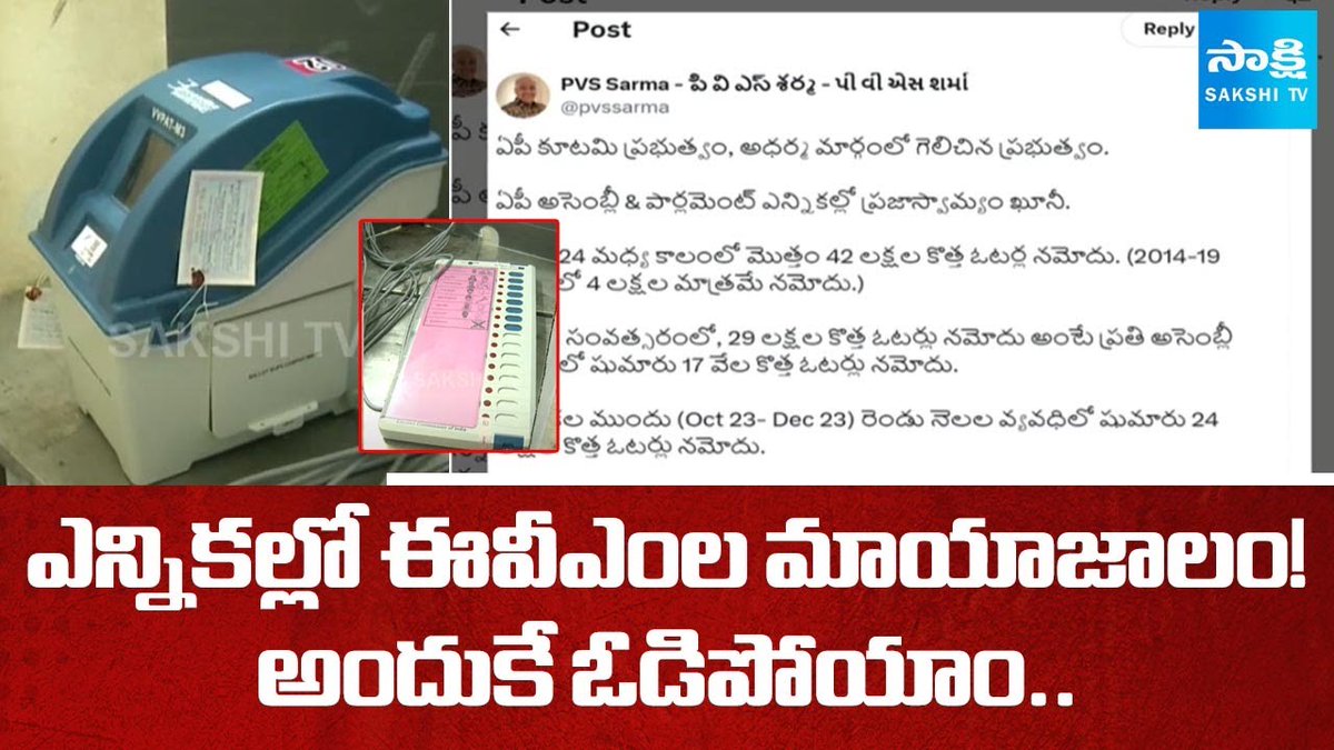 ఏపీ ఎన్నికల్లోనూ ఈవీఎంల మాయాజాలం! తుది పోలింగ్‌ శాతం మాత్రం 81.86 శాతం నమోదైనట్లు ఈసీ వెల్లడి. ‘ఎక్స్‌’లో రిటైర్డు ఐఏఎస్‌ పీవీఎస్‌ శర్మ. అధికంగా పోలైన ఓట్లన్నీ టీడీపీకే ఎలా పడతాయి?: ‘ఎక్స్‌’లో మాజీ ఎమ్మెల్యే గడికోట శ్రీకాంత్‌రెడ్డి.