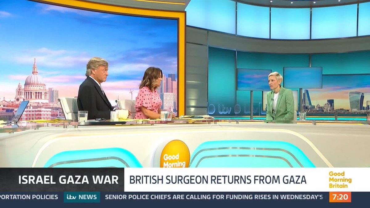 British doctor Victoria Rose has just returned to the UK after her third trip to Gaza treating trauma patients. She talks to Susanna Reid and Richard about what she saw and how the hospital she was working in is the only remaining hospital in the South of Gaza.