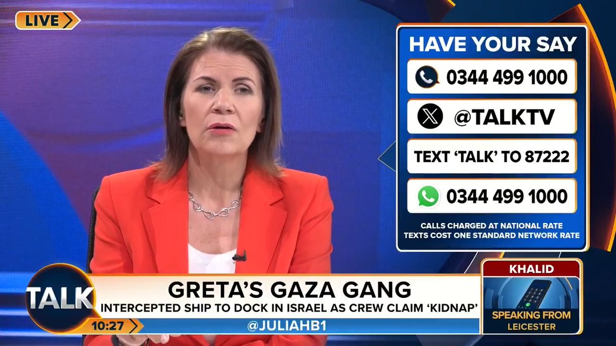 Julia Hartley-Brewer clashes with caller Khalid after he accuses her of spreading "Israeli propaganda" about Greta Thunberg's Gaza journey. "That's incredibly insulting, no one tells me what to say... I support Israel's right to defence against murderous terrorists!" Julia Hartley-Brewer
