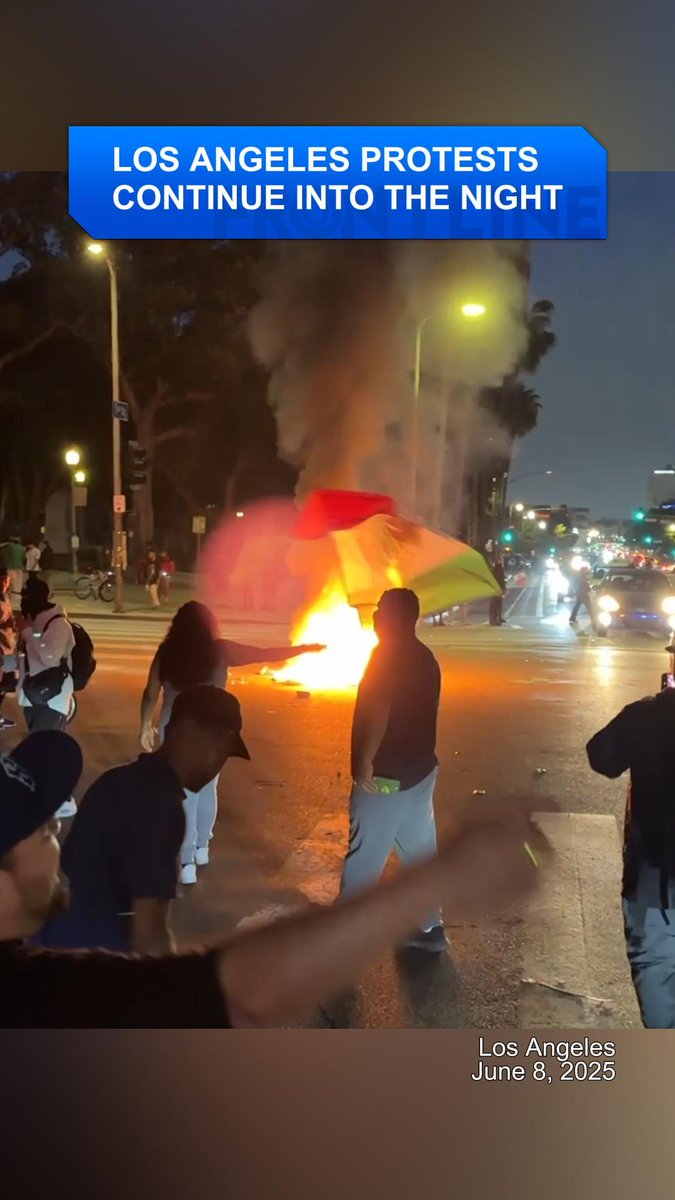 Los Angeles protests continue into the night. Protests against federal #immigration raids in downtown #LosAngeles are showing no signs of ending, with clashes between law enforcement forces and protesters continuing into the night on June 8.