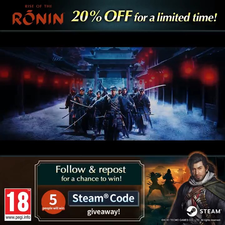 The Steam version of #RiseoftheRonin is now on sale! To celebrate, we have five copies of the game on Steam to #giveaway. To enter: - Follow us KOEI TECMO EUROPE - Repost this post This opportunity ends on the 10th July.