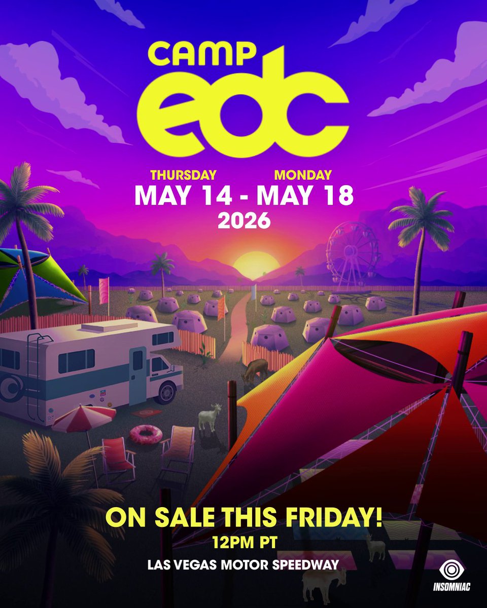 The countdown to our Camp EDC oasis begins NOW!⛺️🏜️ Get ready for four unforgettable days and nights packed with endless memories Under the Electric Sky. 💖 Next May can’t come soon enough. 🌅 Read below for on sale info!↴ 🌈 Last year's Campers who currently hold #EDCLV2026 passes can access the Loyalty Presale THIS THURSDAY at 12PM PT. 🌈 On Sale for all #EDCLV2026 Future Owl passholders is THIS FRIDAY at 12PM PT. Keep an eye on your emails for your on sale details and head to for more info!💌