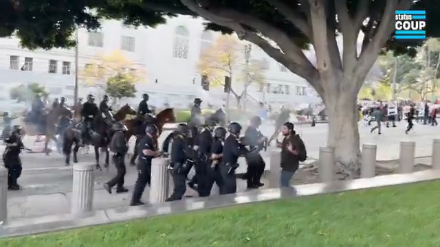 🚨 As one set of cops wildly shoot at protesters during Trump's LA ICE Raids, another band of officers on horseback trample over a protester, leaving them sprawled out motionless on the street. Reporting from our Notorious Tinatanium 🆓. FULL VIDEO link below.