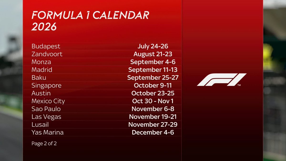 Formula 1 and FIA announce 24-race calendar for 2026 season with Madrid set to make debut replacing Imola on calendar among changes 🚨