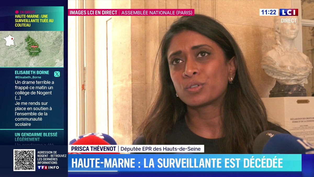 🔴 En Haute-Marne, une surveillante décède après avoir été agressée au couteau par un collégien : "Nous avons un sujet avec une partie de notre jeunesse qui est extrêmement violente" réagit Prisca THEVENOT qui appelle à "prendre la mesure de la chose et qu'on agisse concrètement"