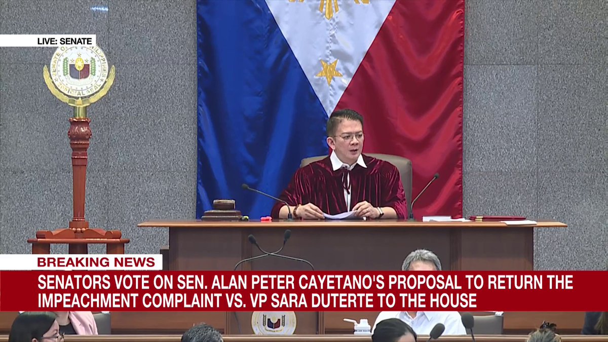 BREAKING: Senate impeachment court votes to return to the House of Representatives the articles of impeachment without terminating the trial of Vice President Sara Duterte.
