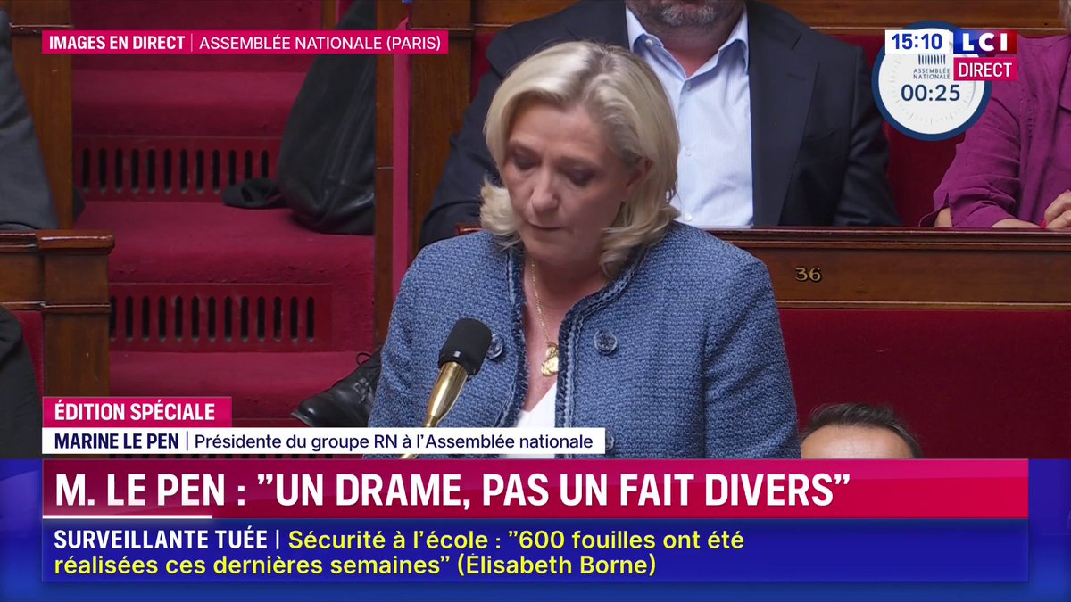 🔴 Surveillante tuée à Nogent 🗣️ Marine Le Pen : "Les mots ne suffisent pas. C'est un drame, pas un fait divers sur lequel on 'brainwasherait', un drame qui appelle une réponse politique (...) Ce drame suscite l'émotion, l'indignation voire la colère du peuple de France."