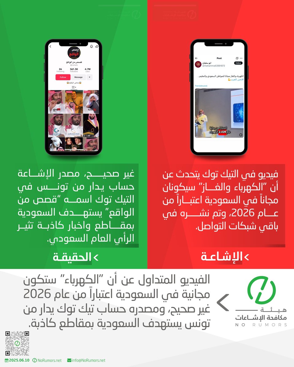 الفيديو المتداول عن أن "الكهرباء" ستكون مجانية في السعودية اعتباراً من عام 2026 غير صحيح. مصدر الإشاعة حساب تيك توك يدار من تونس يستهدف السعودية بمقاطع كاذبة متنوعة تشكل 90٪ من محتوى الحساب. #لا_للإشاعات