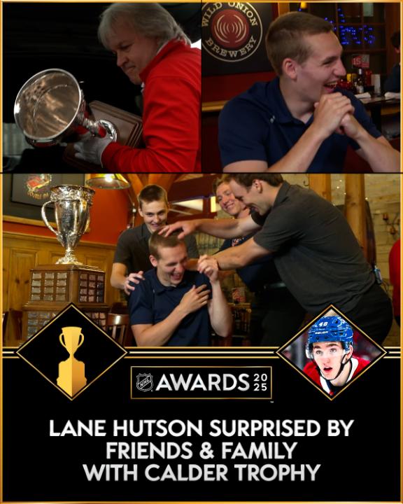 🗣️ LANE HUTSON IS YOUR ROOKIE OF THE YEAR The Hutson family gathered to surprise Lane with the Calder Memorial Trophy. 🥹 Catch the 2025 #NHLAwards before Game 4 of the #StanleyCup Final on June 12 at 6p ET on NHLonTNT and Sportsnet!