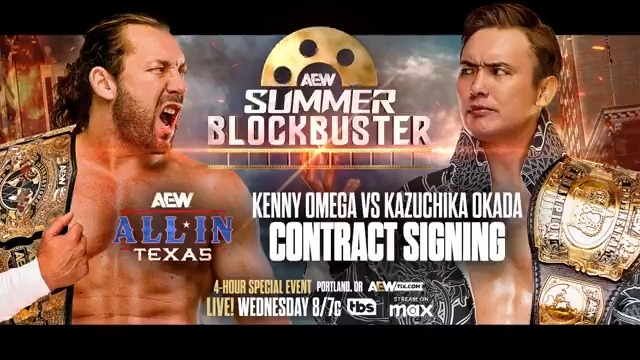 TOMORROW, 6/11! #AEWSummerBlockbuster 8pm ET/7pm CT, TBS + Max The match that the world has awaited, Continental Champion @RainmakerXOkada vs International Champion Kenny Omega Winner Takes All #AEWAllInTexas, will be officially sealed at the contract signing, TOMORROW!